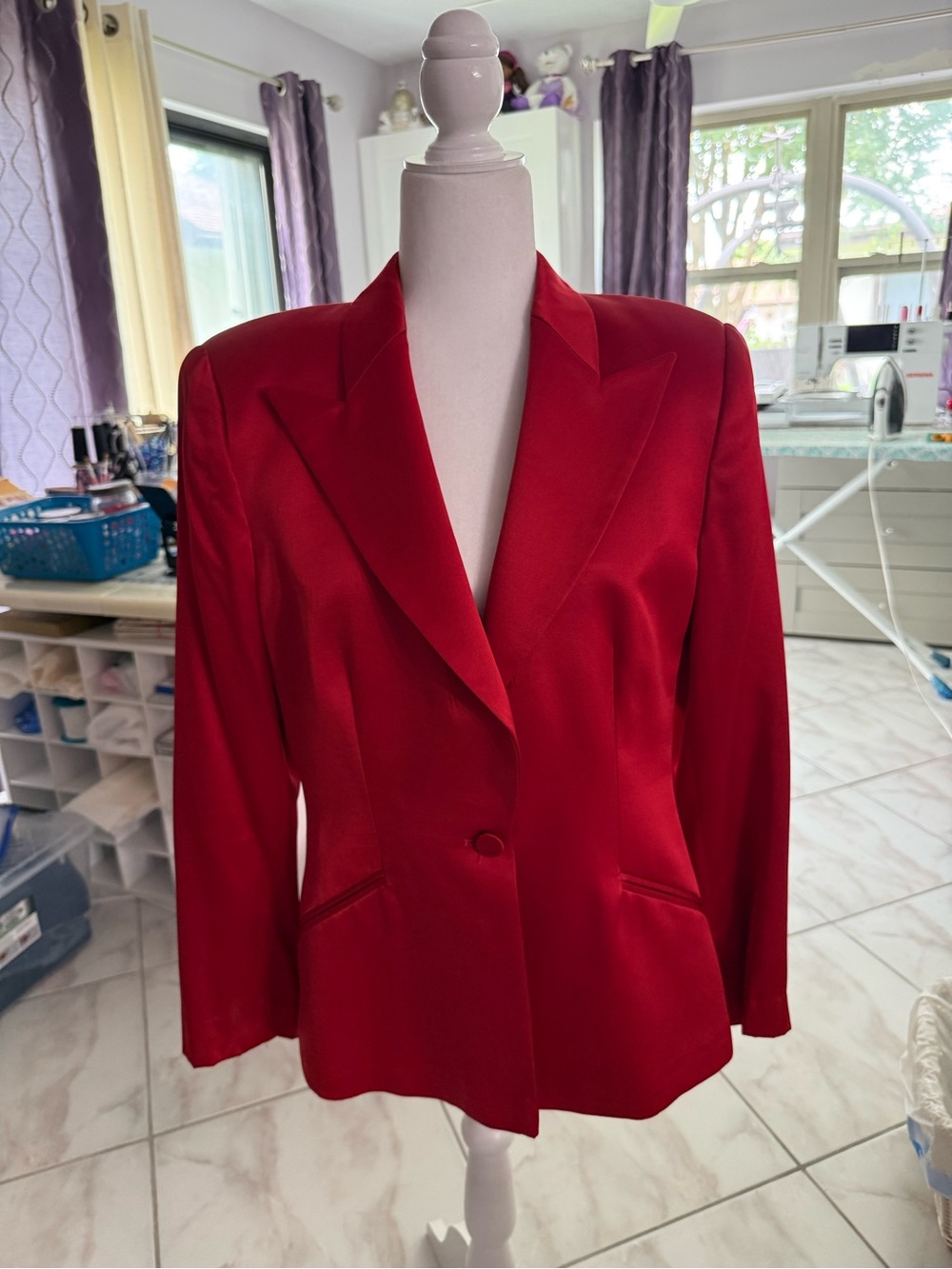Women’s Red Satin Blazer Jacket - Elegant Single-Button
